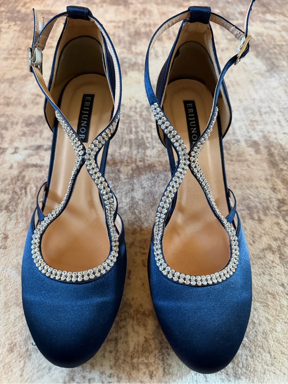 EriJunior Navy Satin Rhinestone T-Strap Heels